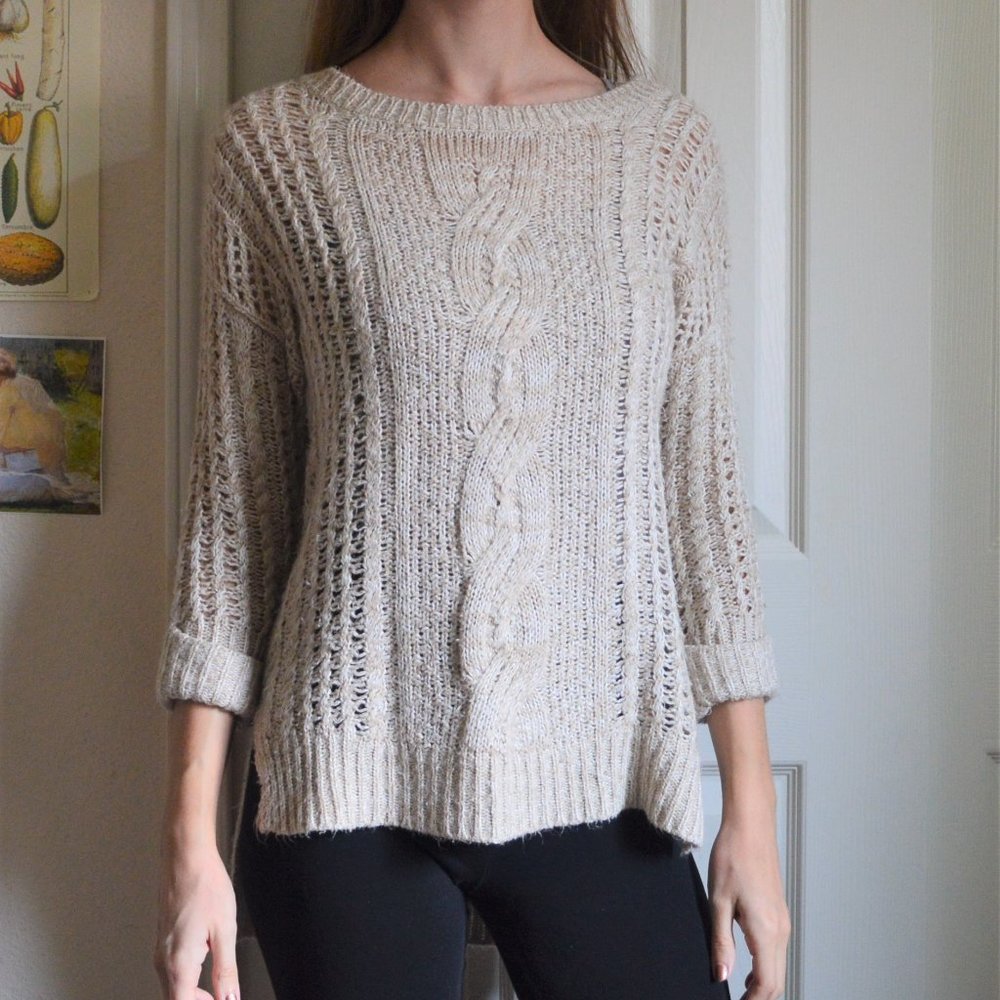 JJ Basics Long Beige Cable Knit Sweater - Picture 1 of 4